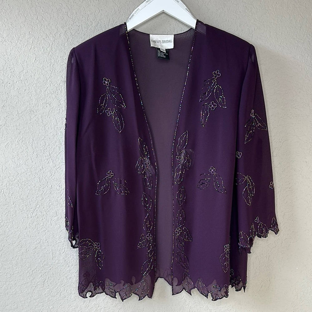 David's Bridal Sheer Purple 3/4 Sleeve Beaded Leaf Design Jacket‎ Size 16WP